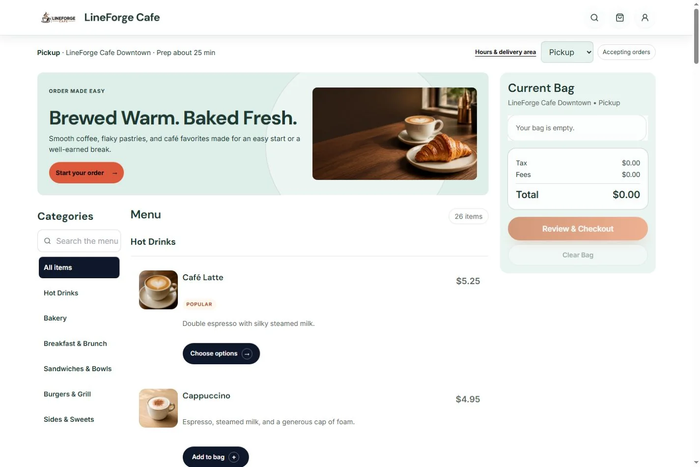 LineForge demo storefront with menu categories, items and the customer’s bag