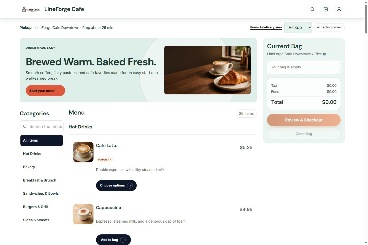 LineForge storefront showing menu categories, food choices and the customer's order bag