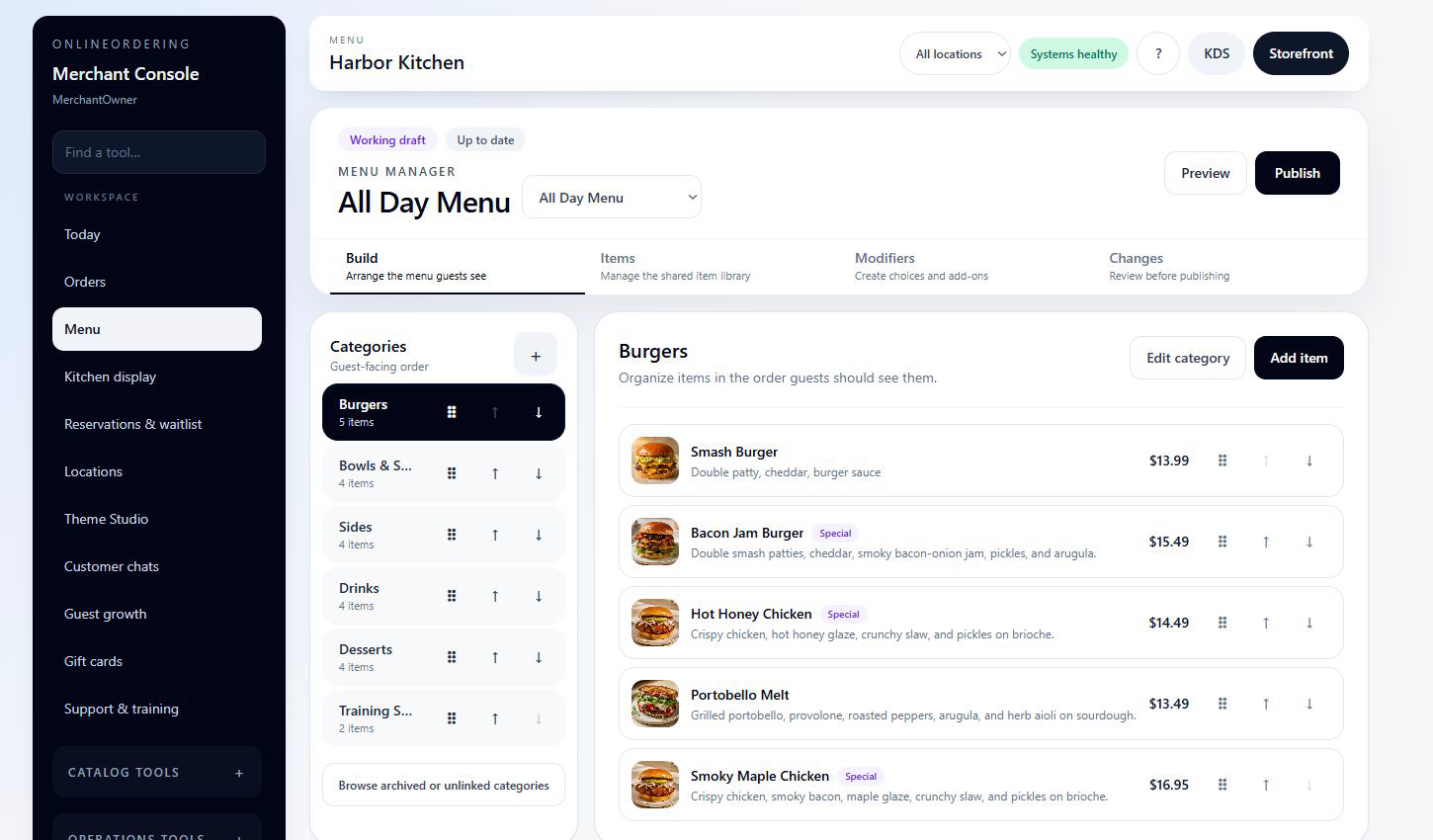 The current LineForge Menu Manager showing publish controls, menu views, categories, and items
