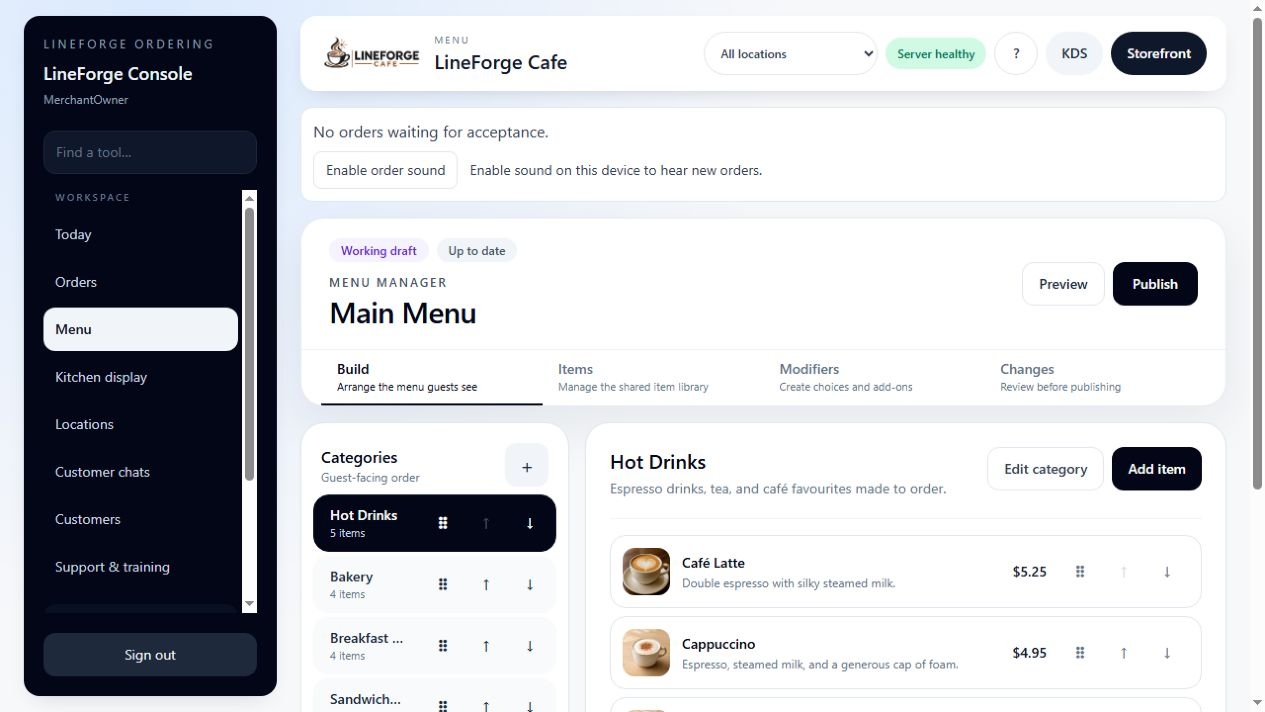 LineForge Menu Manager with categories, items, menu views and publishing controls