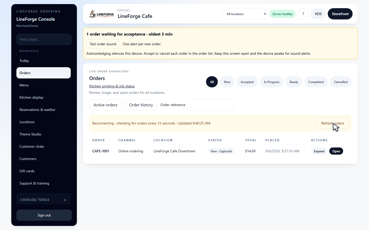 Actual LineForge Orders interface with a demonstration café pickup order